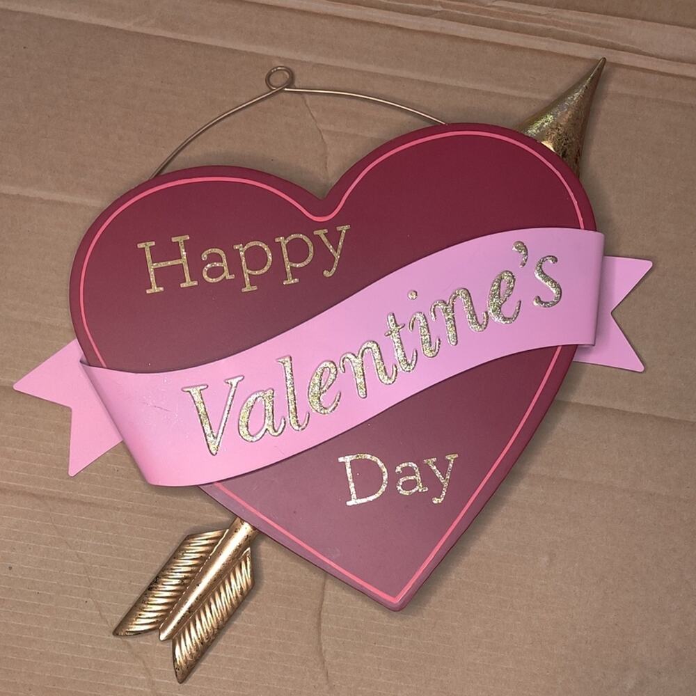 Happy Valentines Day Heart Arrow Wood Wall Decor Red Pink Gold Glitter Sign - Picture 3 of 14